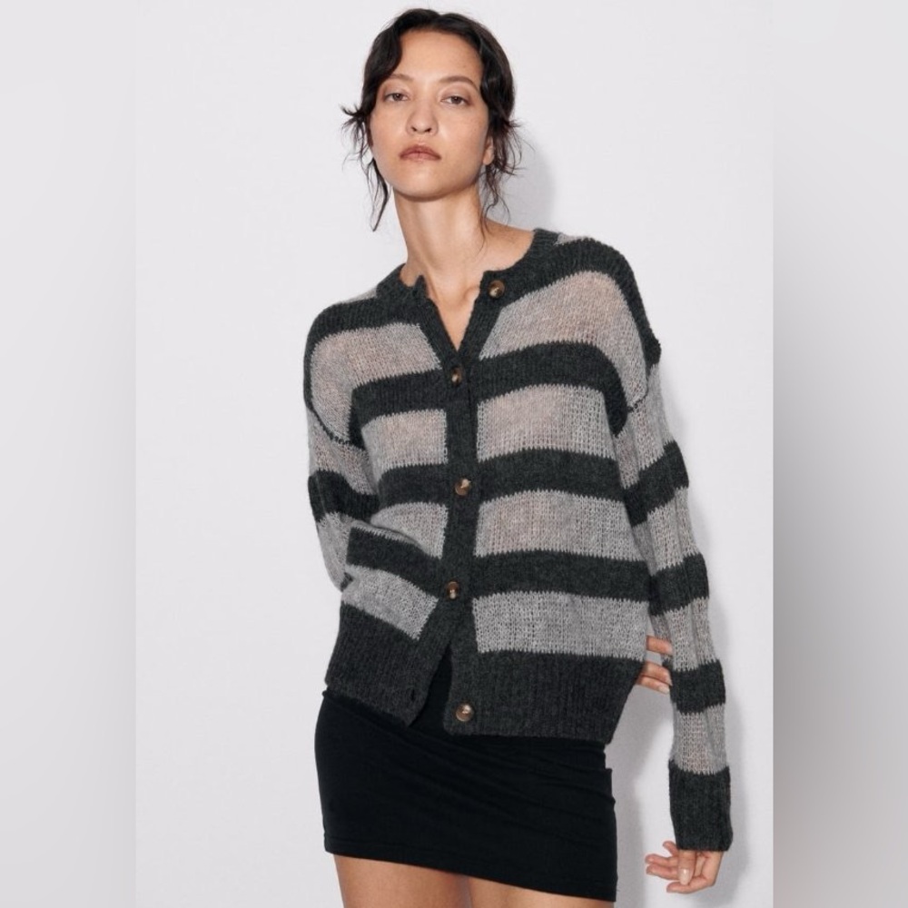 ZARA Striped Knit Cardigan Wool Alpaca Blend Open Knit Sweater, Size S, Gray